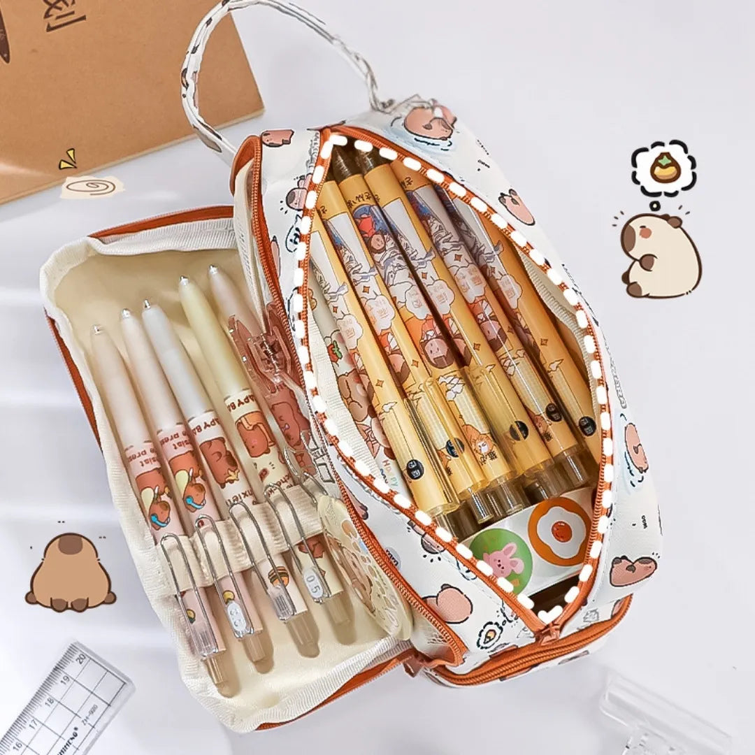 Cartuchera 2 niveles de gran capacidad con diseño capibara