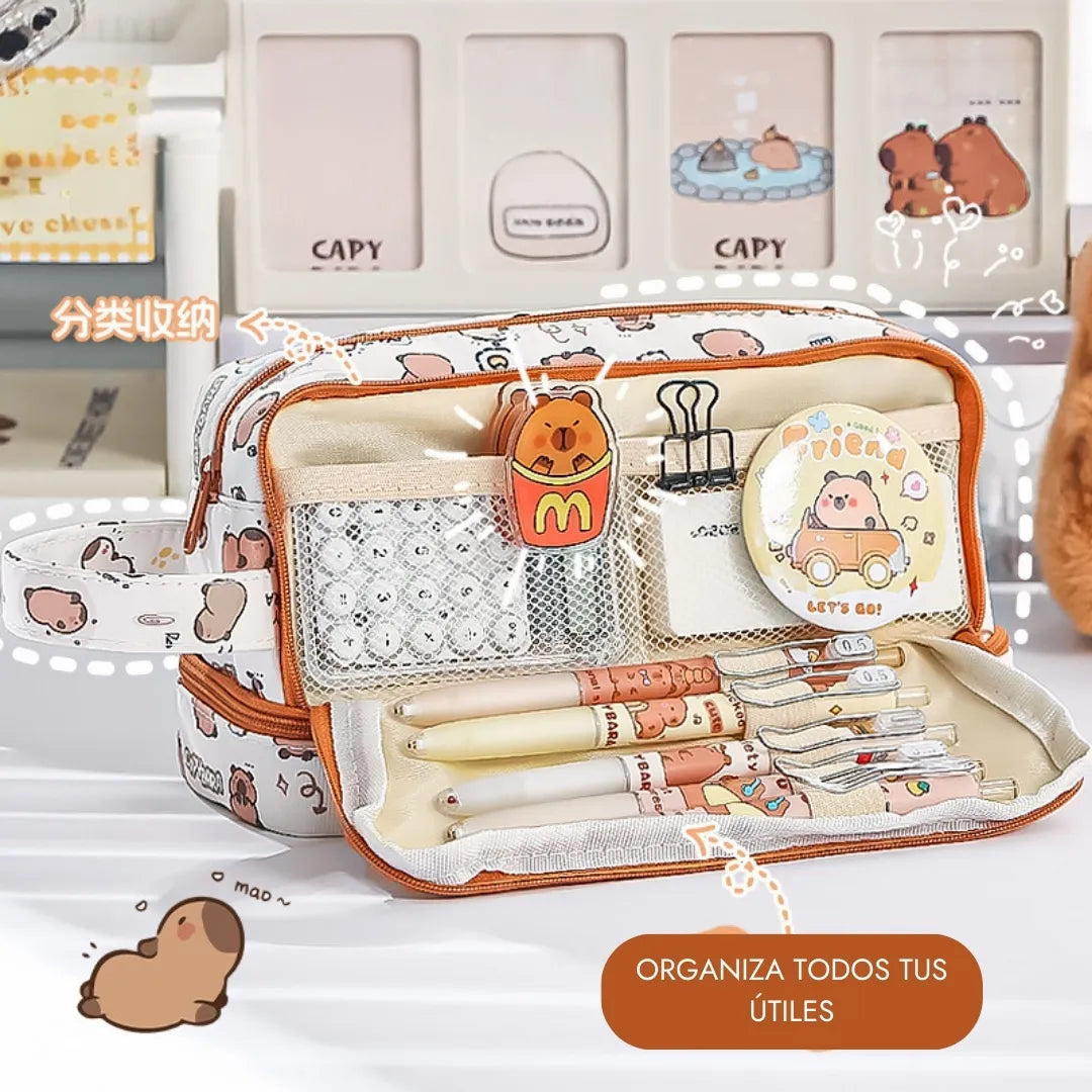 Cartuchera 2 niveles de gran capacidad con diseño capibara